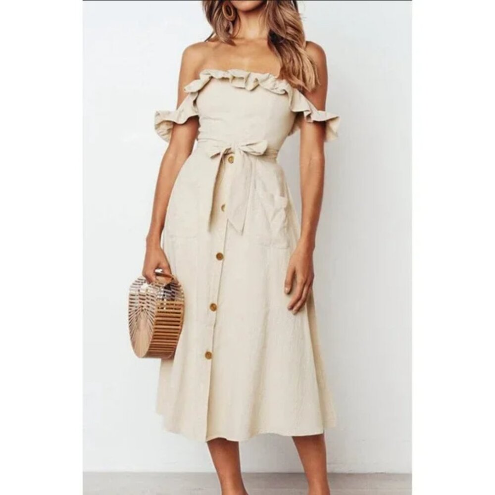 CupShe Beige Smocked Ruffle Midi Dress - Sz S belted dress - EUC!